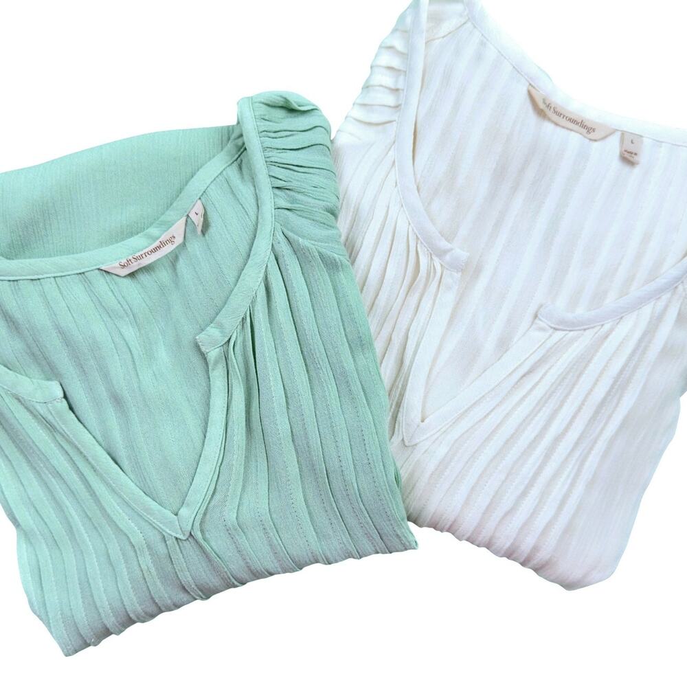 Soft Surroundings Lot (2) Sage & Ivory Eyelet Tunnic Blouses  *FLAW*